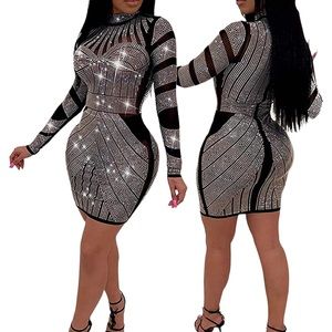 NWOT Black & Rhinestone Long Sleeve Sheer Mesh Sexy Party Club Dress Size XL